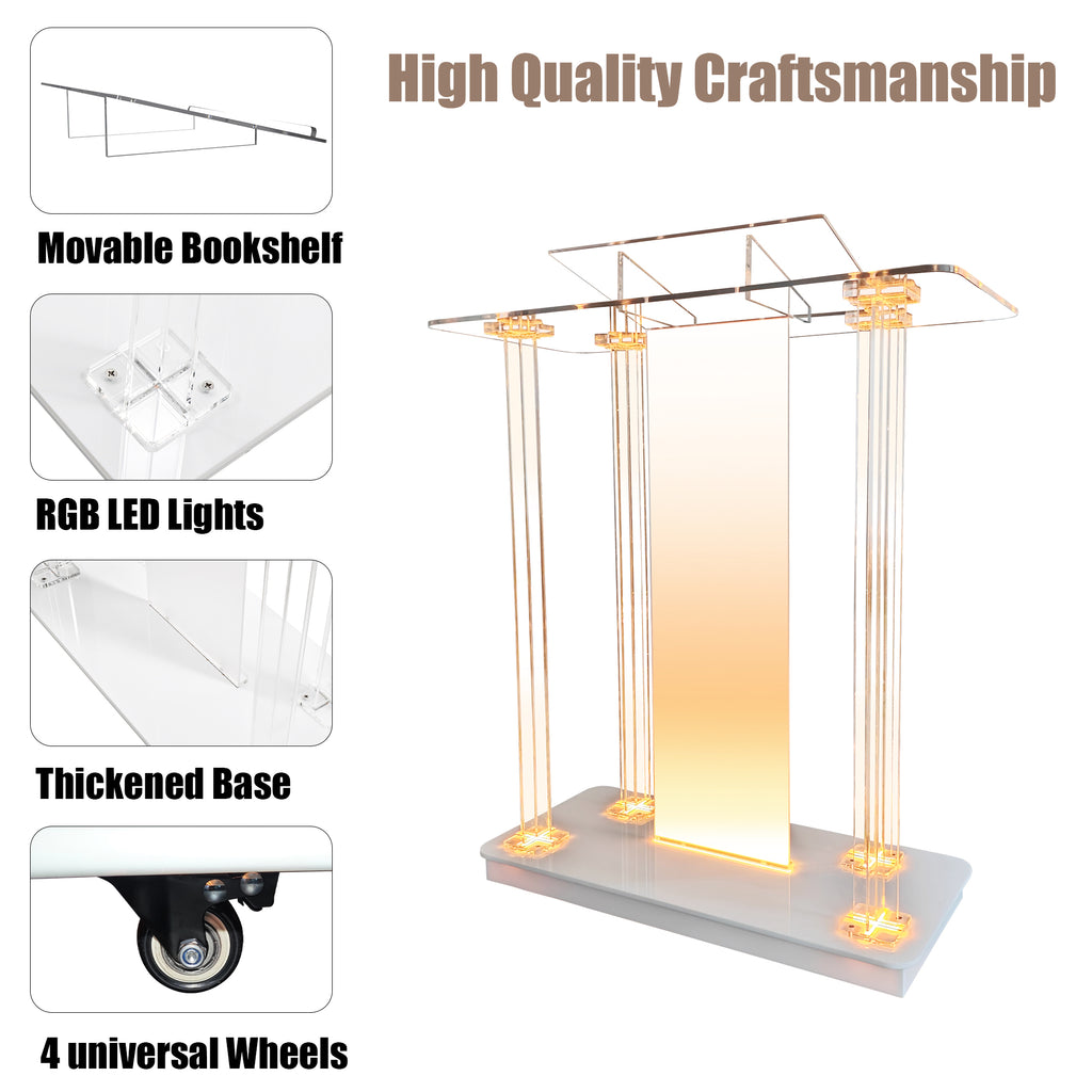 deenkk Acrylic Pulpits for Churches with Wheels and RGB LED Lights, 46" Tall Modern Podium Stand Hosting Station Lecterns Pulpits for Church Wedding Concert Speech Classroom, Clear