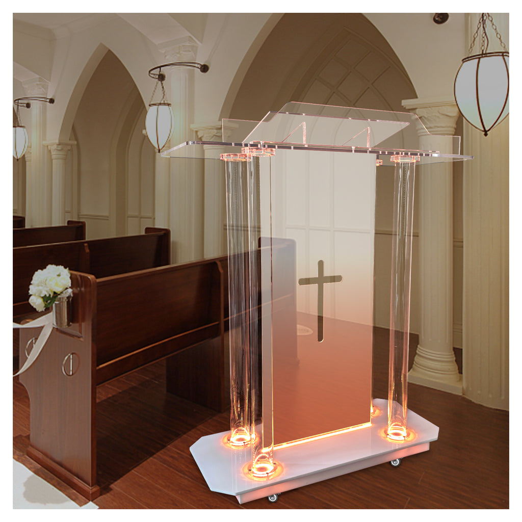 deenkk Cross Acrylic Podium for Churches, Transparent Church Pulpit with Led Lights & Wheels, 46” Clear Acrylic Podium with Incline Reading Platform for Church Wedding Concert Speech Classroom