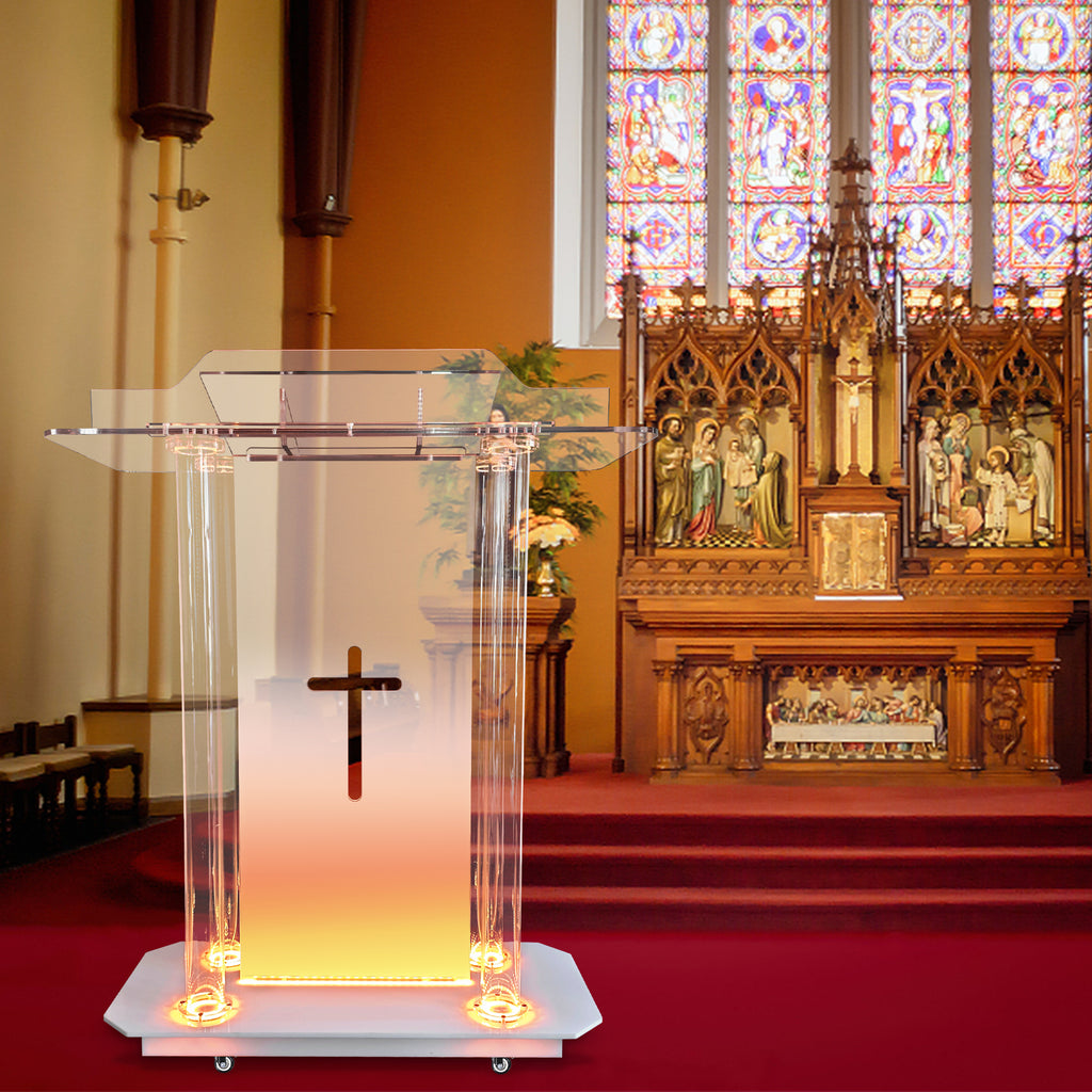 deenkk Cross Acrylic Podium for Churches, Transparent Church Pulpit with Led Lights & Wheels, 46” Clear Acrylic Podium with Incline Reading Platform for Church Wedding Concert Speech Classroom