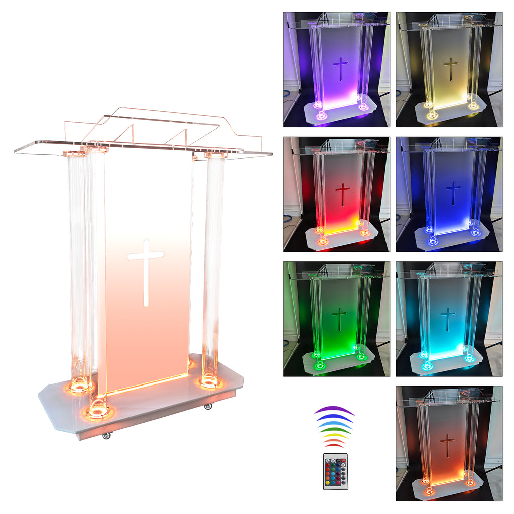 deenkk Cross Acrylic Podium for Churches, Transparent Church Pulpit with Led Lights & Wheels, 46” Clear Acrylic Podium with Incline Reading Platform for Church Wedding Concert Speech Classroom