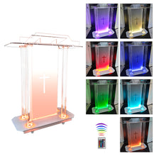 Load image into Gallery viewer, deenkk Cross Acrylic Podium for Churches, Transparent Church Pulpit with Led Lights &amp; Wheels, 46” Clear Acrylic Podium with Incline Reading Platform for Church Wedding Concert Speech Classroom