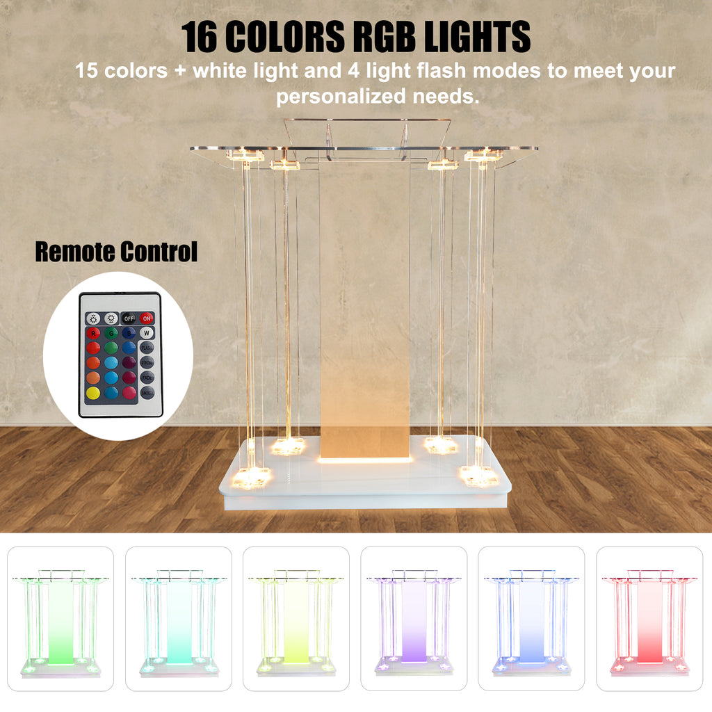 deenkk Acrylic Pulpits for Churches with Wheels and RGB LED Lights, 46" Tall Modern Podium Stand Hosting Station Lecterns Pulpits for Church Wedding Concert Speech Classroom, Clear