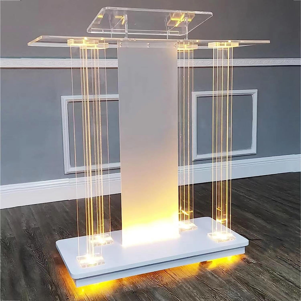 deenkk Acrylic Pulpits for Churches with Wheels and RGB LED Lights, 46" Tall Modern Podium Stand Hosting Station Lecterns Pulpits for Church Wedding Concert Speech Classroom, Clear