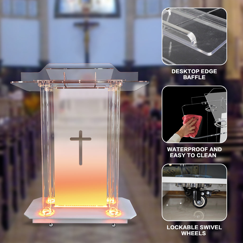 deenkk Cross Acrylic Podium for Churches, Transparent Church Pulpit with Led Lights & Wheels, 46” Clear Acrylic Podium with Incline Reading Platform for Church Wedding Concert Speech Classroom