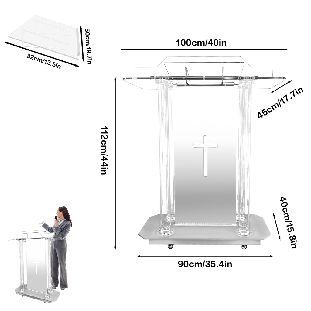 deenkk Cross Acrylic Podium for Churches, Transparent Church Pulpit with Led Lights & Wheels, 46” Clear Acrylic Podium with Incline Reading Platform for Church Wedding Concert Speech Classroom